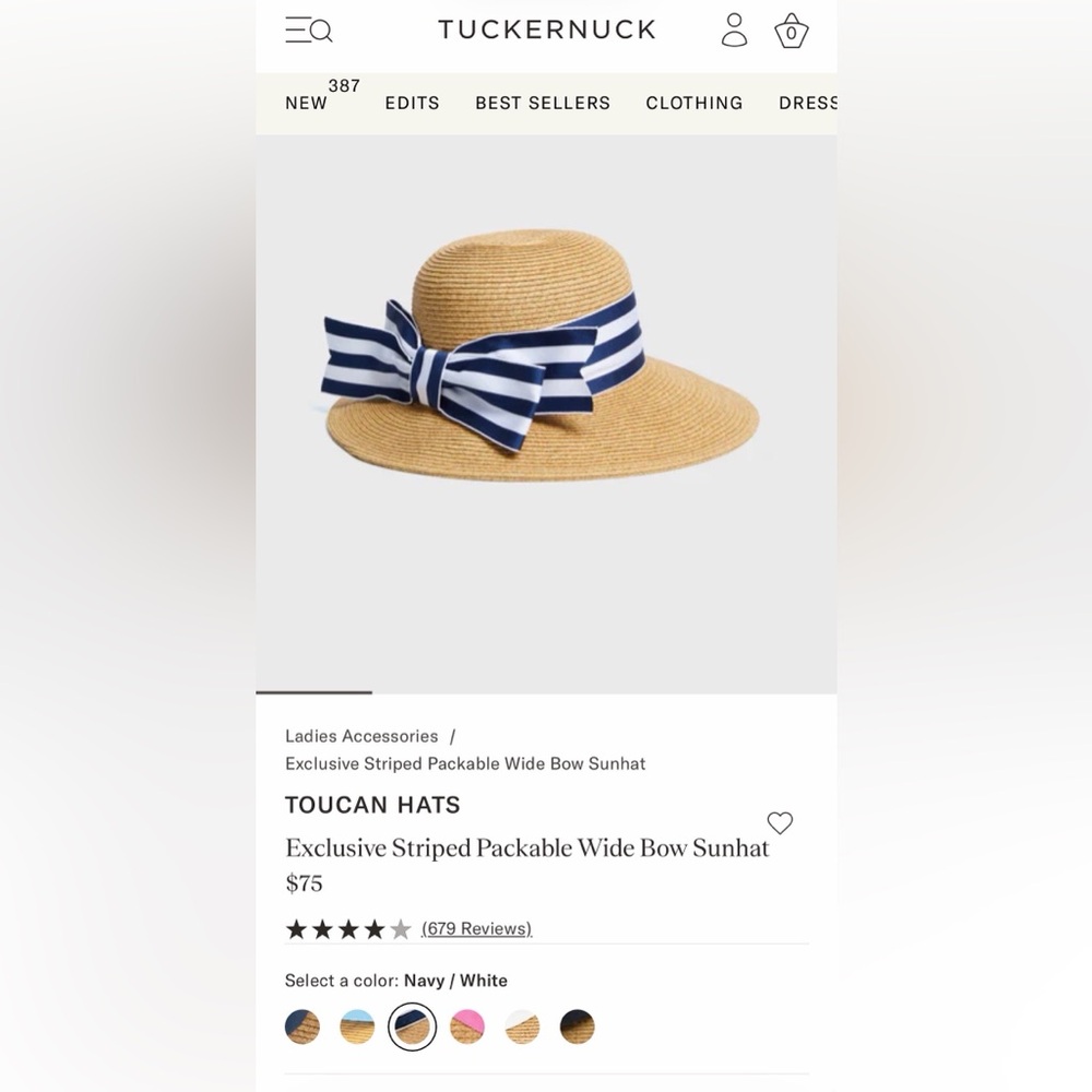 Tuckernuck: Striped Ribbon Wide-Brim Straw Sun Hat - Navy & White - Picture 2 of 6